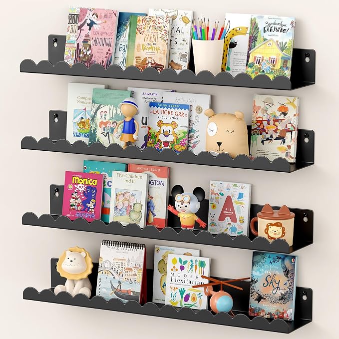 Floating Shelves for Wall, 23 Inch Metal Nursery Book Shelves 4 Pack, Wall Mounted Book Shelf for Kids Room, Bedroom, Bathroom, Playroom Decor (Black) by Gattlukd
