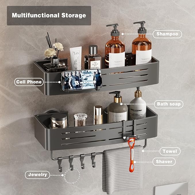 Voldra Adhesive Shower Caddy, 2 Pack Shower Shelves for Inside Shower No Drilling, Aluminum Stick On Showers Organizer with Towel Bar & Hooks Removable Bathroom Shelf Storage Rack(Gray) - Image 3