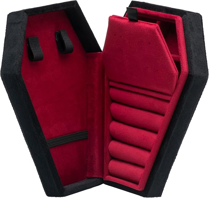 Velvet Coffin Jewelry Travel Case Holder for Gothic Wedding Ceremony Jewelry Organizer Decoration (Black Red 4 Grid) - Image 2