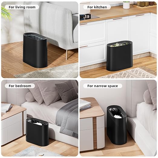 SUBEKYU 2.3 Gal Trash Can for Bathroom,Small Office Garbage Can for Kitchen,Slim Rectangular Waste Bin,Plastic,Black - Image 6