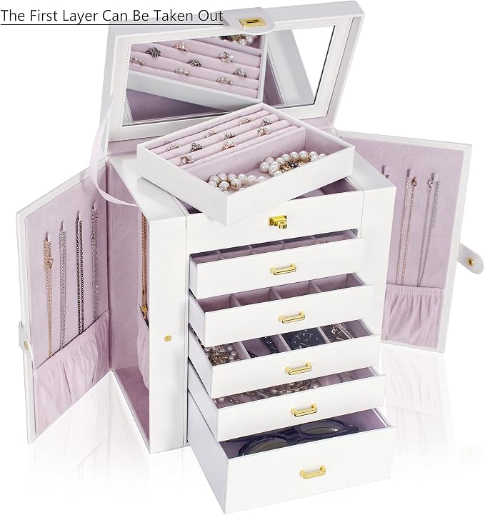 AKOZLIN Extra Large 6-Tier Jewelry Box Organizer with Mirror, 5 Drawers Leather Jewelry Storage Case for Women Girls Ring Necklace Earring Bracelet White - Image 2