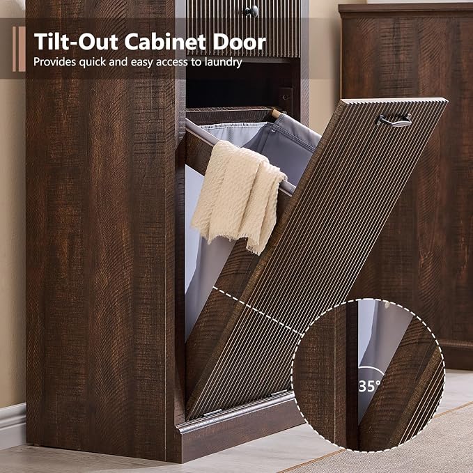 IFBUY Modern Tilt Out Laundry Hamper Cabinet, 10 Gallon Fluted Trash Can Cabinet with Drawer, Wooden Hidden Garbage Can Cabinets with Laundry Basket, Free Standing for Bathroom and Kitchen, Brown - Image 4