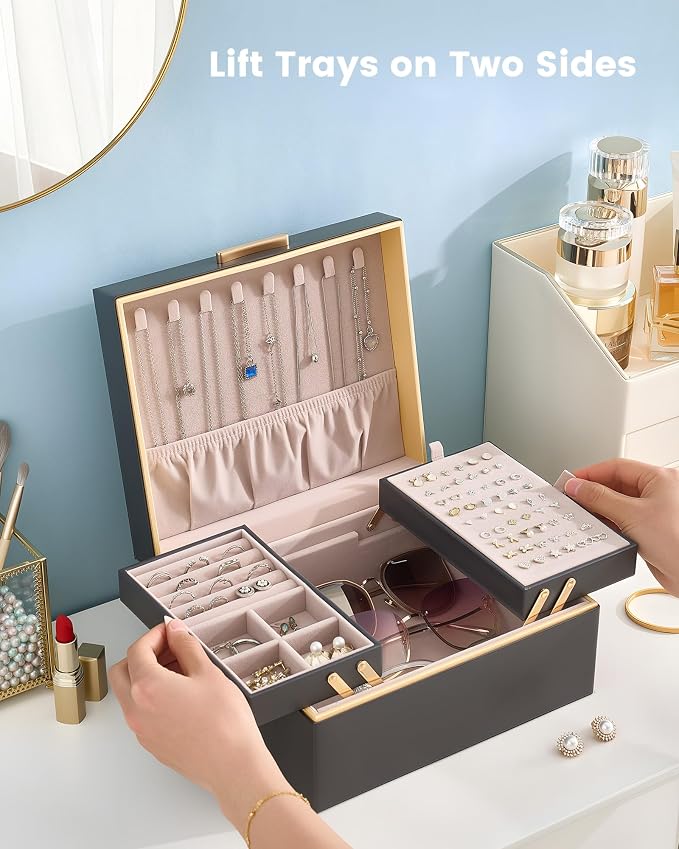 Lolalet Jewelry Box Organizer for Women Girls, 2 Layer Jewelry Organizers and Storage for Necklace Earrings Rings Bracelets, Large Jewellery Holder Case Birthday Valentine Gifts -Charcoal gray - Image 2