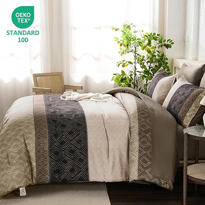 Dinjoy Light Brown King Size Comforter Set,Striped Boho Bed in a Bag King 7 Pieces Soft Fall Bedding Comforters Sets Microfiber Complete Bed Sets for All Season