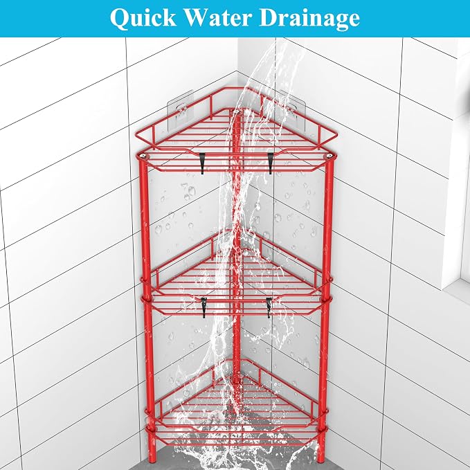 HuggieGems 3 Tier Floor Standing Corner Shower Caddy Organizer Shelf with Hooks, Bathroom Shelves Stand Rack, Red - Image 6