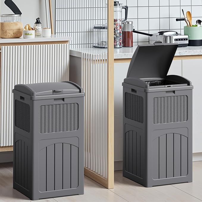 Devoko 33 Gallon Outdoor Trash Can with Dual Lid, Heavy Duty Waterproof Resin Garbage Bins Outside, Hideaway Waste Bins for Patio, Outside Pool, Backyard and Deck (2, Gray) - Image 5