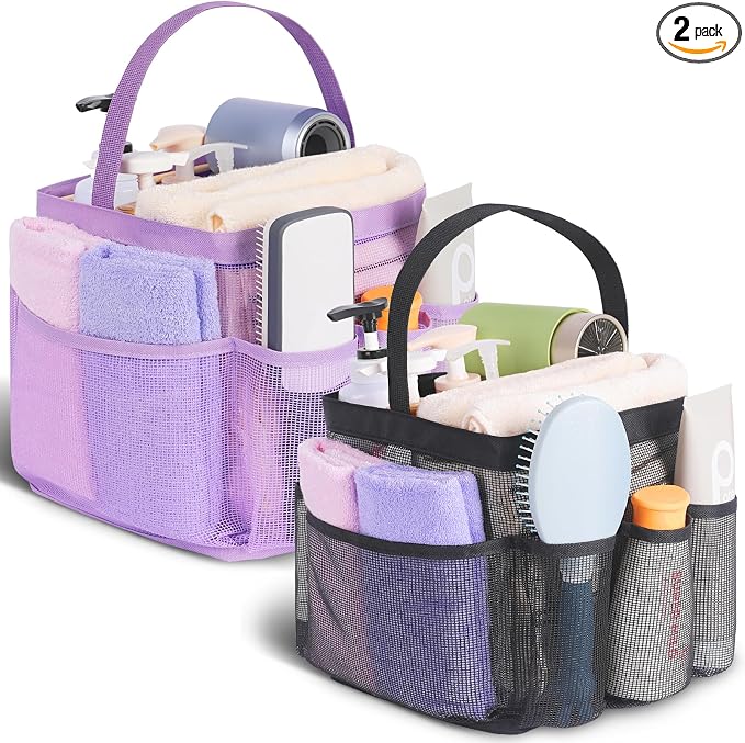 EUDELE 2 Pack Mesh Shower Caddy Portable for College Dorm Room Essentials, Shower Caddy Dorm with 8-Pocket Large Capacity,Shower Bag for Beach,Swimming,Gym All Black+All Purple by EUDELE