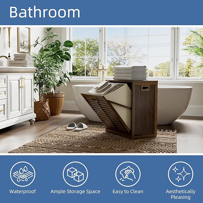 HITNET Bamboo Tilt Out Laundry Hamper, Bathroom Storage Cabinet with Hidden Removable Basket and 3 Sides Cutout Handles, Freestanding Hamper Organizer for Dirty Clothes, Walnut - Image 5