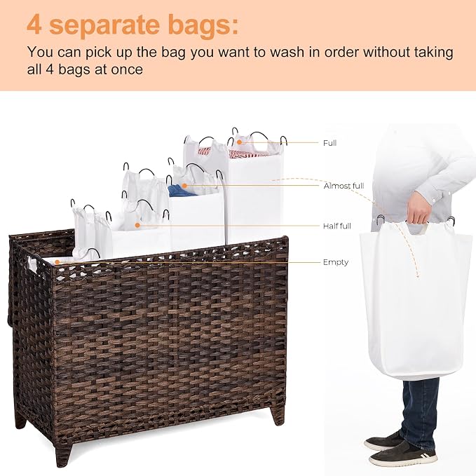 Laundry Hamper with 4 Removable Liner Bags; 176L Handwoven Rattan Laundry Basket with Lid & Heightened Feet; Clothes Hamper with Side Handles - Image 3