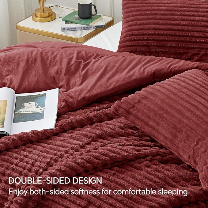 BEDELITE Fleece Full Comforter Set -Super Soft & Warm Fluffy Burgundy Bedding, Luxury Fuzzy Heavy Bed Set for Winter with 2 Pillow Cases