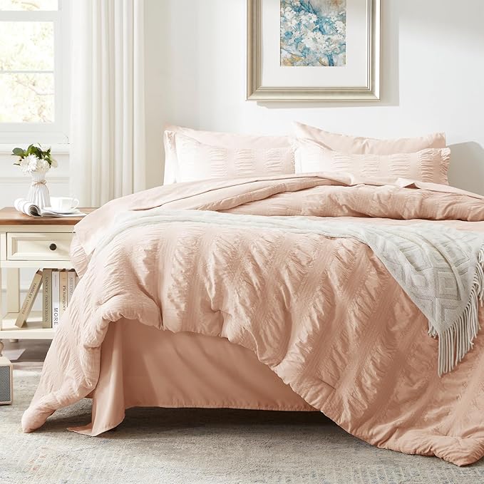 Zzlpp Queen Comforter Set 7 Pieces, Pink Seersucker Bed in a Bag with Comforter and Sheets, All Season Bedding Sets with 1 Comforter, 2 Pillow Shams, 2 Pillowcases, 1 Flat Sheet, 1 Fitted Sheet