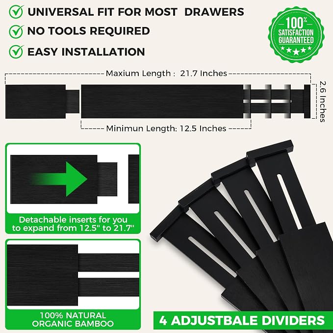 4 Pack Bamboo Drawer Dividers Organizer with Inserts 2.6'' High, Expandable from 12.5-21.7", Adjustable Drawer Organizer Separators for Utensils, Clothing, Office, Dresser, Bedroom, (Black) - Image 3