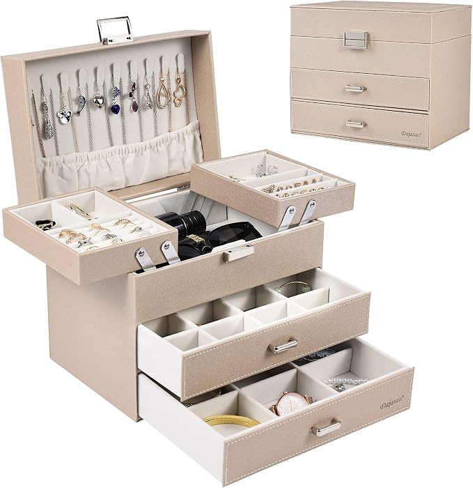 Dajasan Jewelry Organizer Box, Large Jewelry Boxes for Women Girls, Space-Saving 4 Layers Jewelry Storage Case with Drawer, Movable Metal Stand, Modern, Gift Idea (Champagne + Silver) by DAJASAN