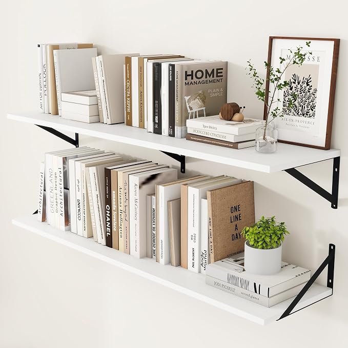 Heimlove White Deep Floating Shelves for Wall, 48W x 12D Wood Wall Shelves Set of 2, Wide Floating Bookshelf for Living Room, Kitchen, Office, Bedroom and Decor Storage, with Black Bracket - White by Heimlove