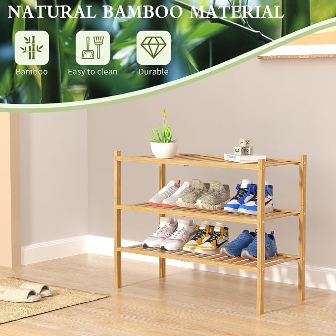 ROMGUAR CRAFT 3 Tier Bamboo Shoe Rack for Closet Free Standing Wood Shoe Shelf Storage Organizer for Entryway Small Space Stackable 27"x11"x20" (Natural) - Image 6