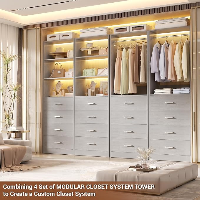 Aheaplus Closet Drawers System, 21.3" Wood Closet Organizer System with 4 Drawers, Modular Walk-in Closets System Storage Unit, Small Closets Wardrobe Rack, Tall Storage Cabinet Unit, Grey1 - Image 6