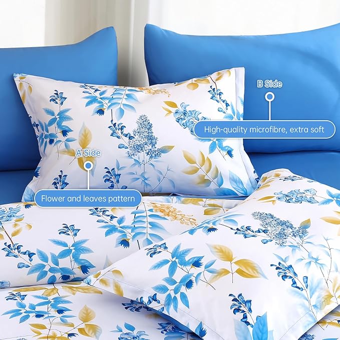 Cottolester Teal Comforter Set Queen Size Floral 7-Piece Bedding Set,Botanical Comforter Set with Pillowcases,Soft Microfiber Complete Bedding Sets for All Season