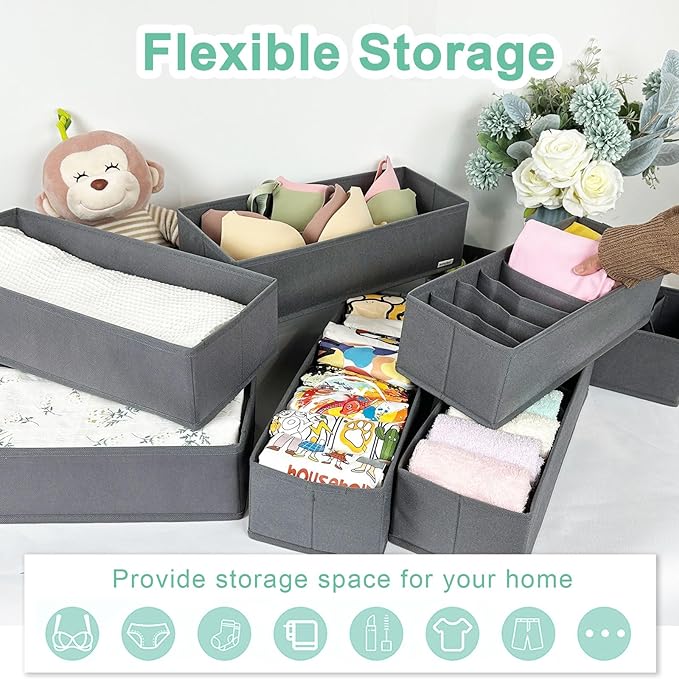 homyfort 8 Pack Dresser Drawer Organizers and Storage Bins for Clothing, Large Drawer Organizer Bins for Baby Clothes, T-Shirts, Bra, Underwear, Socks (Grey) - Image 2