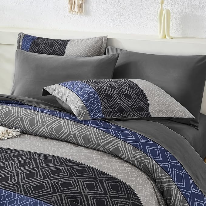 Dinjoy Blue Gray King Size Comforter Set,Striped Boho Bed in a Bag King 7 Pieces Soft Fall Bedding Comforters Microfiber Complete Sets for All Season