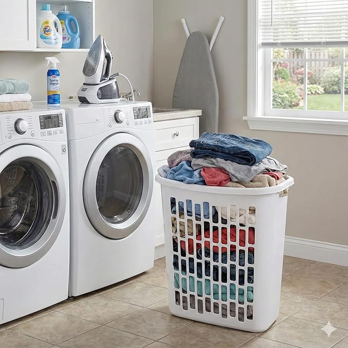 Bushel Laundry Hamper, Slim Rectangular Ventilated Plastic Clothes Basket, Heavy Duty Washing Bin With Reinforced Handles for Bathroom, Dorm, and Closet Organization, White, 1 Pack - Image 9