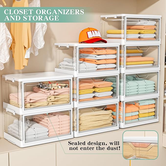 Kmiectse Clear Storage Bins with Lids - 4 Tier Plastic Bins with Wheels, Stackable Storage Bin, Closet Organizers Box for Bedroom, Living Room, 23 QT Folding Box with Magnetic door - Image 4