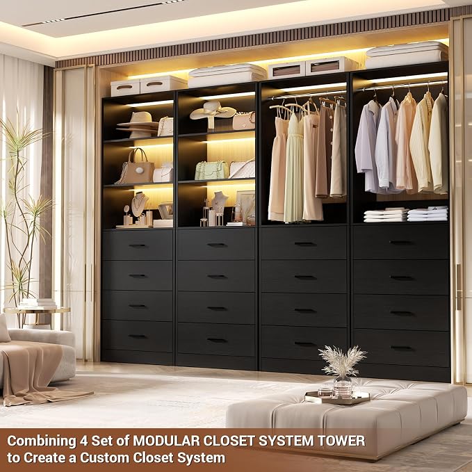 Aheaplus Closet Drawers System, 21.3" Wood Closet Organizer System with 4 Drawers, Modular Walk-in Closet System Storage Unit, Small Closets Wardrobe Rack, Tall Storage Cabinet Unit, Black - Image 5