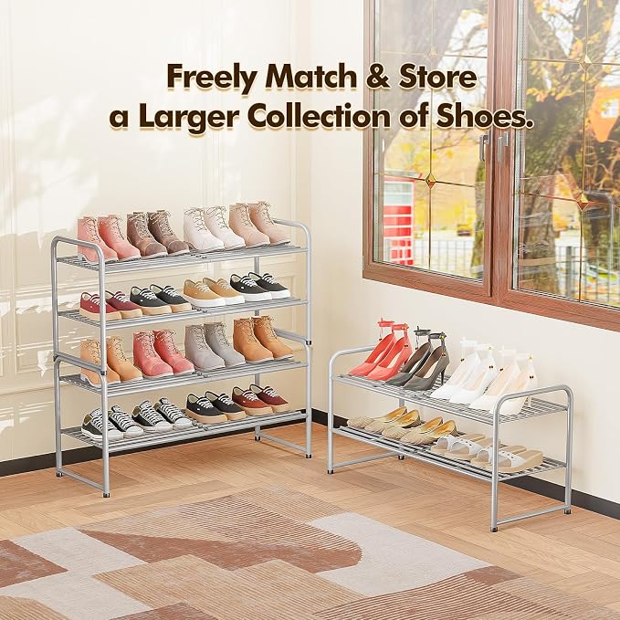 SUFAUY 2-Tier 33" Wide Shoe Rack, Closet Metal Wire, Stackable, Gray - Image 7