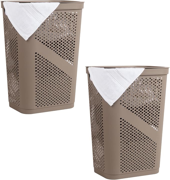 Mind Reader 60L Slim Laundry Hamper, Clothes Basket, Lid, Ventilated, Plastic, Set of 2, Tan by MindReader