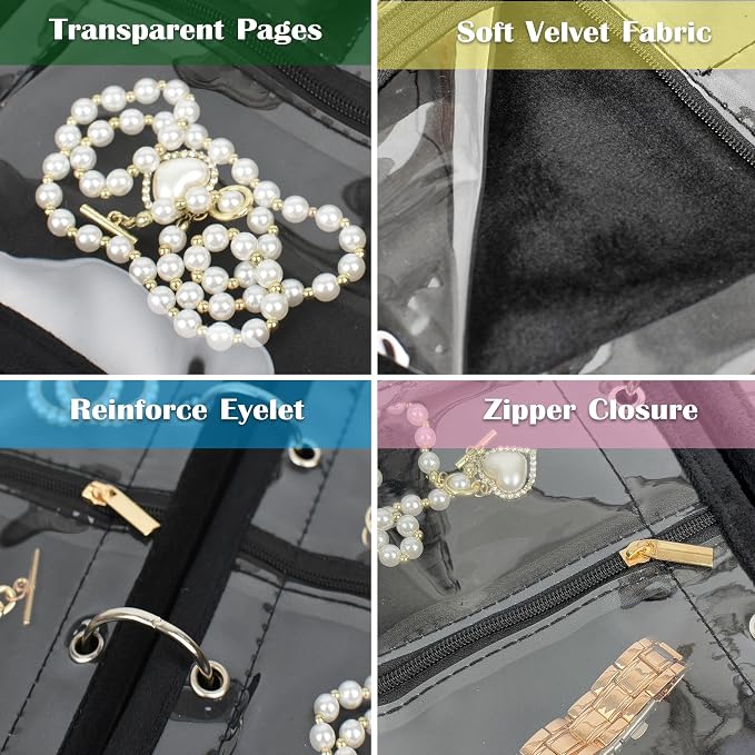 Travel Jewelry Organizer Case,Jewelry Bags for Traveling, Jewelry Binder with 24 Pcs Clear Zipper Velvet Pouches for Storing Earrings, Rings, Necklace, Bracelet, Watch (Black) - Image 5