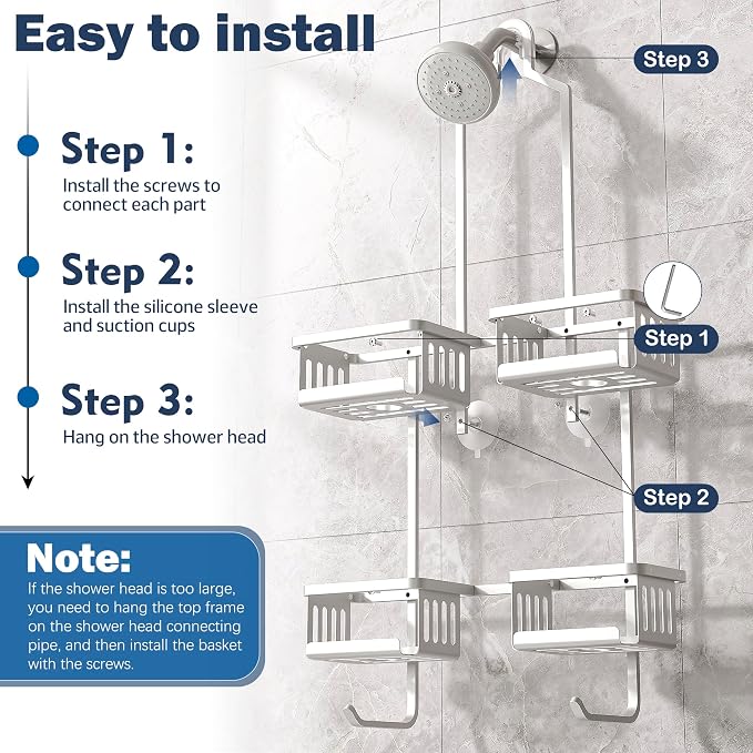Aluminum Shower Caddy Hanging for Handheld Showerheads, Never Rust Shower Organizer with Hooks Holder Toothbrush Holder，Over Showerhead Caddy for Bathroom - Image 7