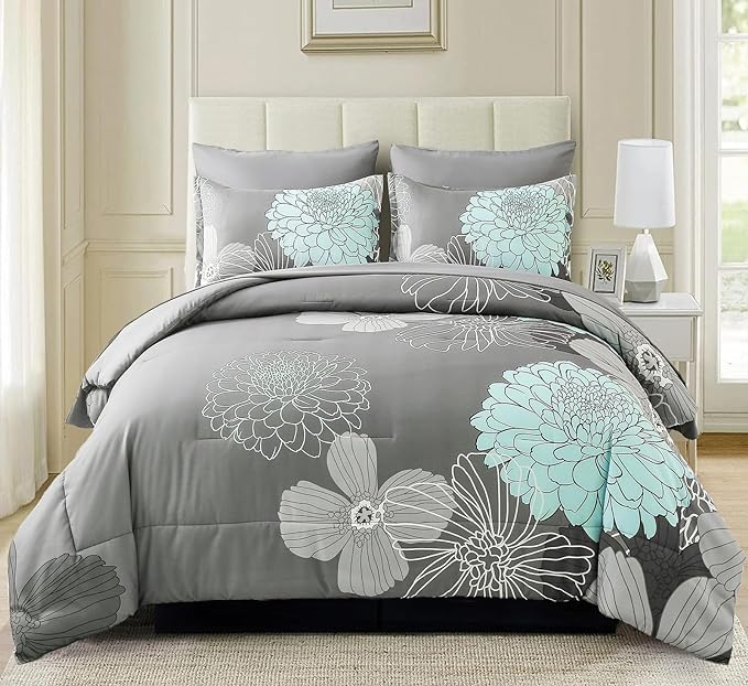 Yiran 7 Pieces Bed in a Bag Floral Comforter Set Queen Flowers Bedding Set Soft Microfiber Boho Comforter Sets with 1 Comforter 1 Flat Sheet 1 Fitted Sheet 2 Pillowshams and 2 Pillowcases