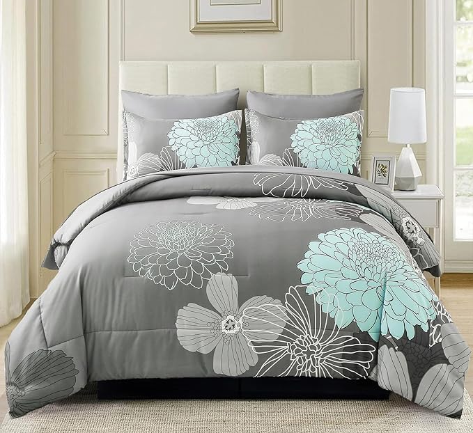 Yiran 7 Pieces Bed in a Bag Floral Comforter Set Green Flowers Bedding Set Soft Microfiber King Boho Comforter Sets with 1 Comforter 1 Flat Sheet 1 Fitted Sheet 2 Pillowshams and 2 Pillowcases