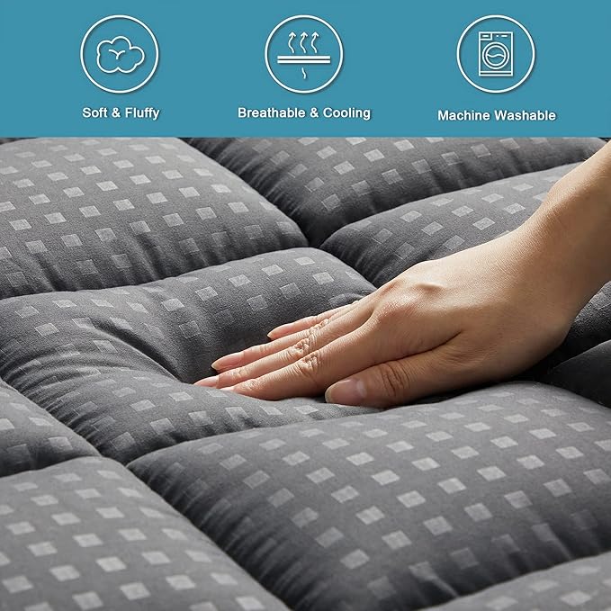 HYLEORY Full XL Mattress Pad Quilted Fitted Mattress Protector Cooling Pillow Top Mattress Cover Breathable Fluffy Soft Mattress Topper with 8-21" Deep Pocket, Dark Grey