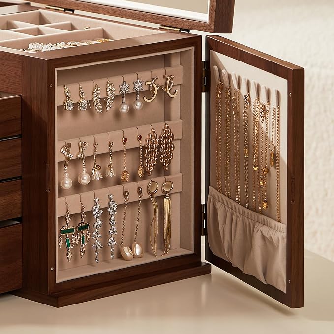 Black Walnut Wooden Jewelry Box, Wood Jewelry Organizer with 2 Side Doors Mirror Lockable Classical Style for Watch Necklace Ring Earring Storage Mothers Day Gifts for Mom-5 Layer - Image 5