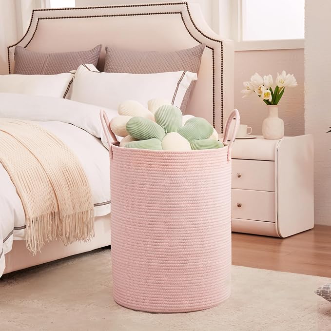 80L Extra Large Pink Hamper Laundry Basket for Baby Girls Tall Nursery Hamper for Kids Woven Rope Clothes Basket for Little Girls Room Bedroom Light Pink Kawaii 16"D x 22"H - Image 4