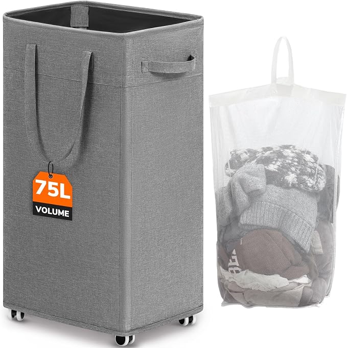 CHICVITA Laundry Basket with Wheels, 75L Slim Laundry Hamper with Removable Wash Bag for Bedroom, Clothes Hampers for College Dorm, Light Grey by CHICVITA