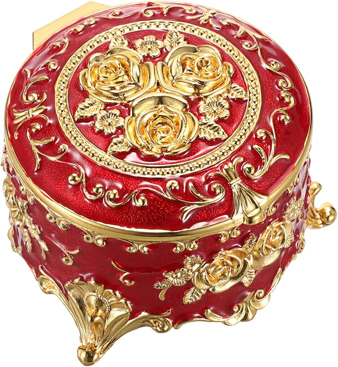 Hipiwe Vintage Metal Jewelry Box - Small Trinket Organizer Ring Box Case with Rose Pattern Jewelry Storage Box for Ring Earrings Necklace, Keepsake Box for Women,Red - Image 8