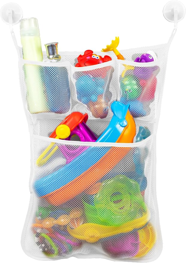 S&T INC. Bath Toy Storage Net with Pockets for Tub, Shower Caddy Holds Baby and Kids Toys, Soap, or Shampoo, Hooks Included, 14 Inch by 20 Inch, White, 1 Pack by STINC