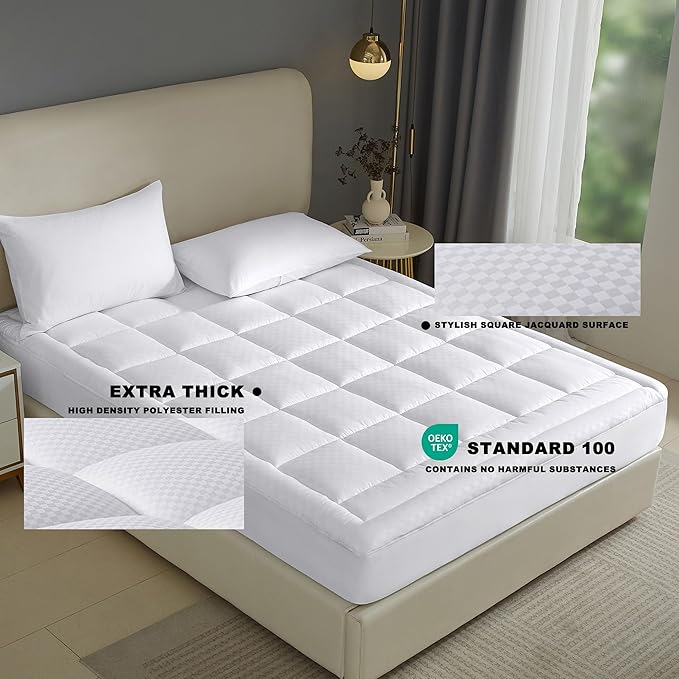 Mattress Pad Full Size 460GSM High-Density Mattress Pillow Top, 18 Inch Deep Pocket Noiseless Bed Cover, Soft Quilted Fitted Mattress Topper, White 54”×75”