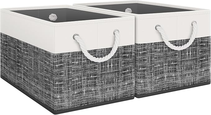 Fab totes Storage Bins [2-Pack], Foldable Storage Baskets for Organizing Toys, Books, Shelves, Closet, Large Storage Box with Rope Handles, Sturdy Organizer Bins, White & Black by Fabtotes