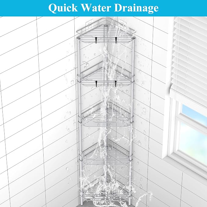 HuggieGems 5 Tier Floor Standing Corner Shower Caddy Organizer Shelf with Hooks, Bathroom Shelves Stand Rack, Silver - Image 5