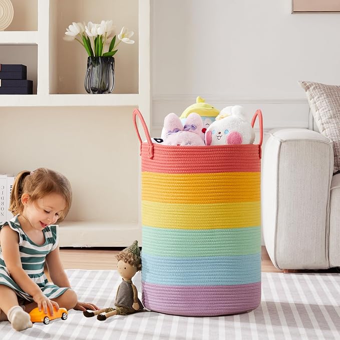 80L Extra Large Rainbow Laundry Hamper Basket for Girls Kids Tall Unicorn Baby Nursery Hamper for Clothes Woven Rope Blanket Toy Basket in Living Room Playroom Bedroom 16"D x 22"H - Image 2