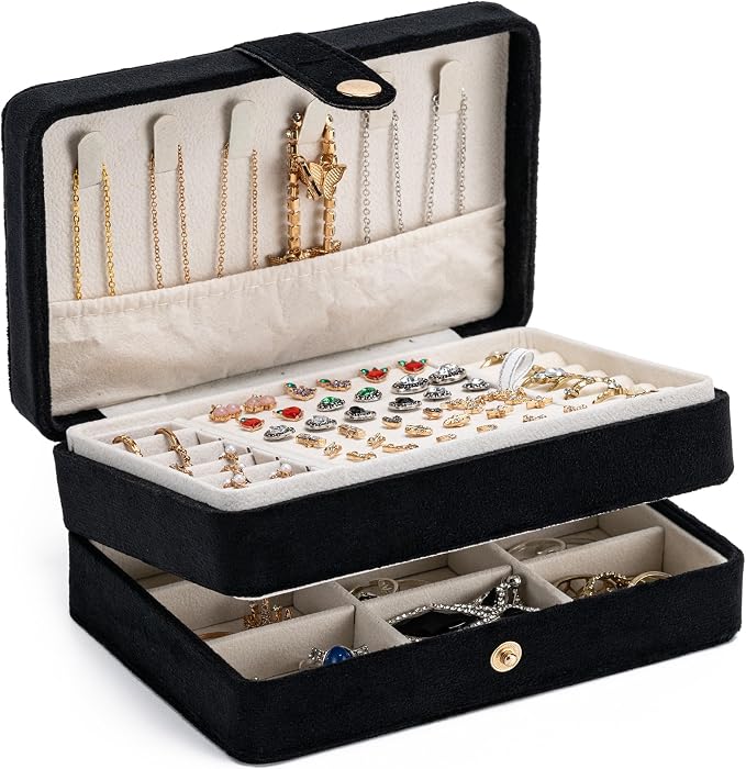 MODENGKONGJIAN Jewelry Organizer Box, 2-Layer Large Jewelry Storage Case, Portable Travel Jewelrys Display Holder for Earrings, Necklaces, Bracelets (Black,Velvet) by MODENGKONGJIAN