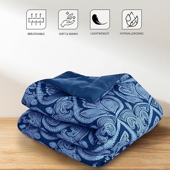 LUX Décor Reversible 5pc Queen Comforter Set, Printed Bedding Set, Microfiber Bed in a Bag, Includes 1 Comforter, 2 Pillow Shams, 1 Decorative Pillow & 1 Bed Skirt (Paisley Navy,Queen)