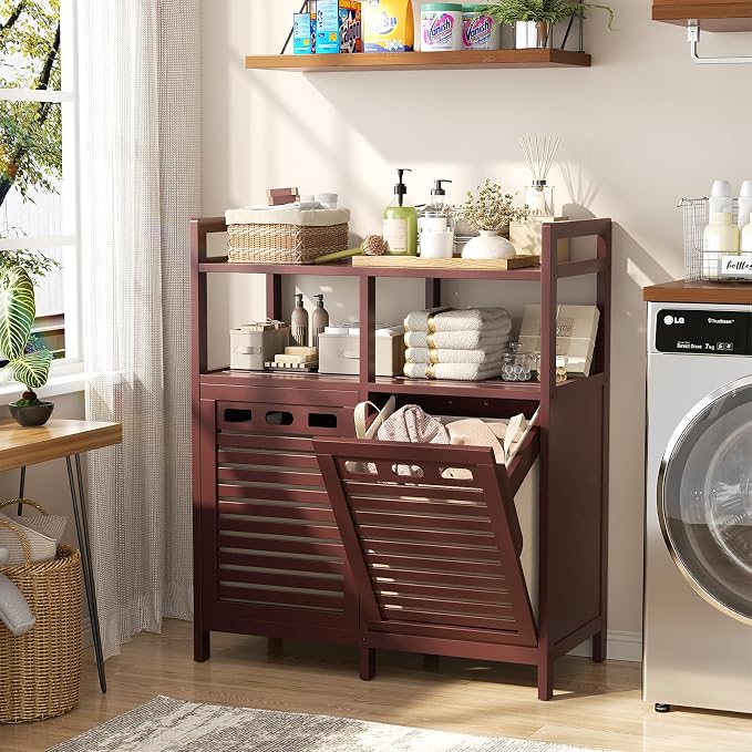 Homykic Tilt Out Laundry Hamper Cabinet, Bamboo Double Laundry Hamper with 2 Removable Laundry Baskets, 20 Gal Laundry Sorter Organizer with Shelf for Dirty Clothes, Bathroom, Laundry Room, Espresso - Image 3