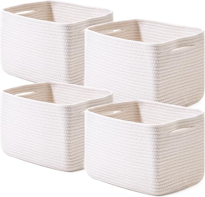 ICERZCZ Storage Baskets for Organizing, Woven Basket for Storage, Storage Baskets Bin for Shelves, Cotton Rope Basket with Handles, 12.5"Lx9.1"Wx7.9"H, (4 Packs) Off White by ICERZCZ