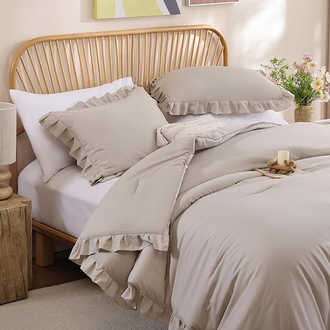 JANZAA Queen Comforter Set Oatmeal Comforter for Queen Size Bed 3PCS (1 Ruffle Comforter and 2 Pillowcases) Vintage Shabby Chic Bedding Soft Fluffy Comforter Set All Season