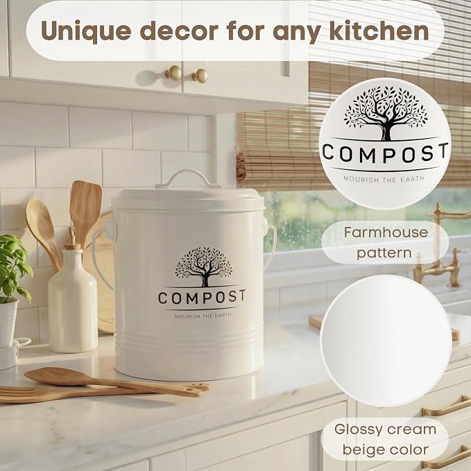 Perfnique Kitchen Compost Bin, 1.3 Gallon Countertop Compost Bin with Lid, Indoor Compost Bucket Includes Inner Bucket Liner and Carbon Filter, Small Compost Bin with Trash Bags (with Bags, Cream) - Image 4