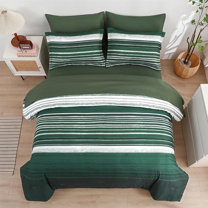 KAKIJUMN 5 Piece Bed in a Bag Stripe Comforter Set Twin Size, White Grey Green Patchwork Striped Comforter and Sheet Set, All Season Soft Microfiber Complete Bedding Sets(Dark Green,Twin)