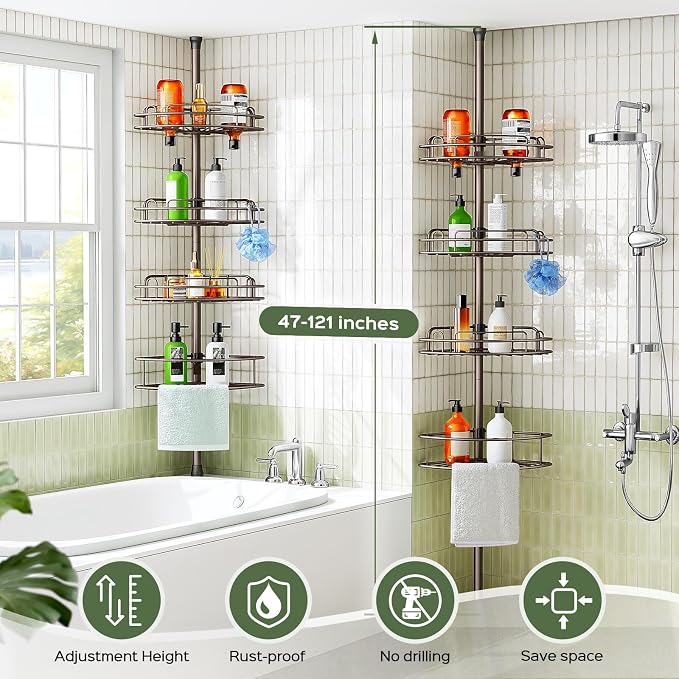 HAMITOR Corner Shower Caddy Tension Pole: 4-Tier Rust-Resistant Adjustable Bathroom Organizer Shelves - 47-121 Inch No-Drill Quick Installation - Space-Saving Storage for Renters Families - Bronze - Image 7